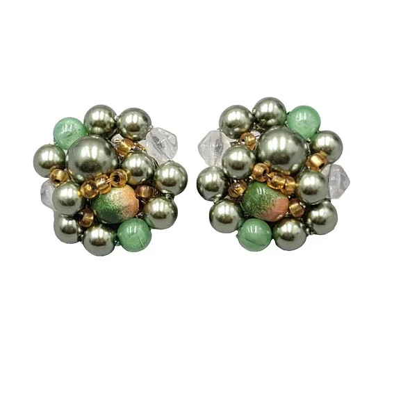 Vintage Green Cluster Bead Clip on Earrings 1" - Picture 1 of 6